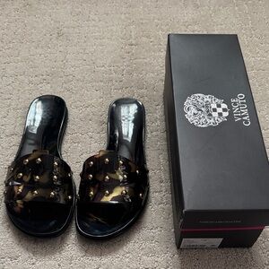 Vince Camuto Black and Tortoise Studded Slide Sandals